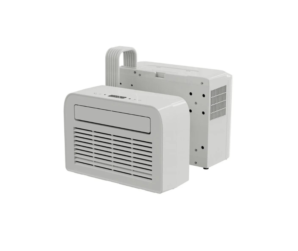 split-airco-caravan-5000btu split airco schuin vooraanzicht met twee modules en verbindingsslang